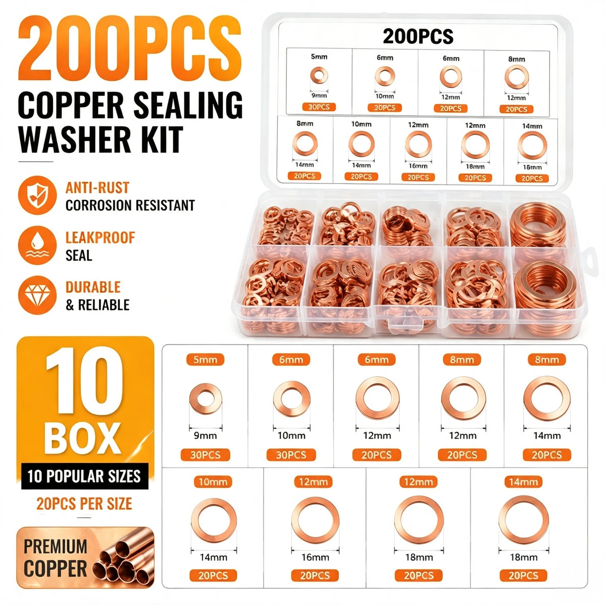 200pcs Copper Sealing Washer Kit M5–M14 Flat Ring Gasket Set Sealing Washer Kit PLUSH 10BOX