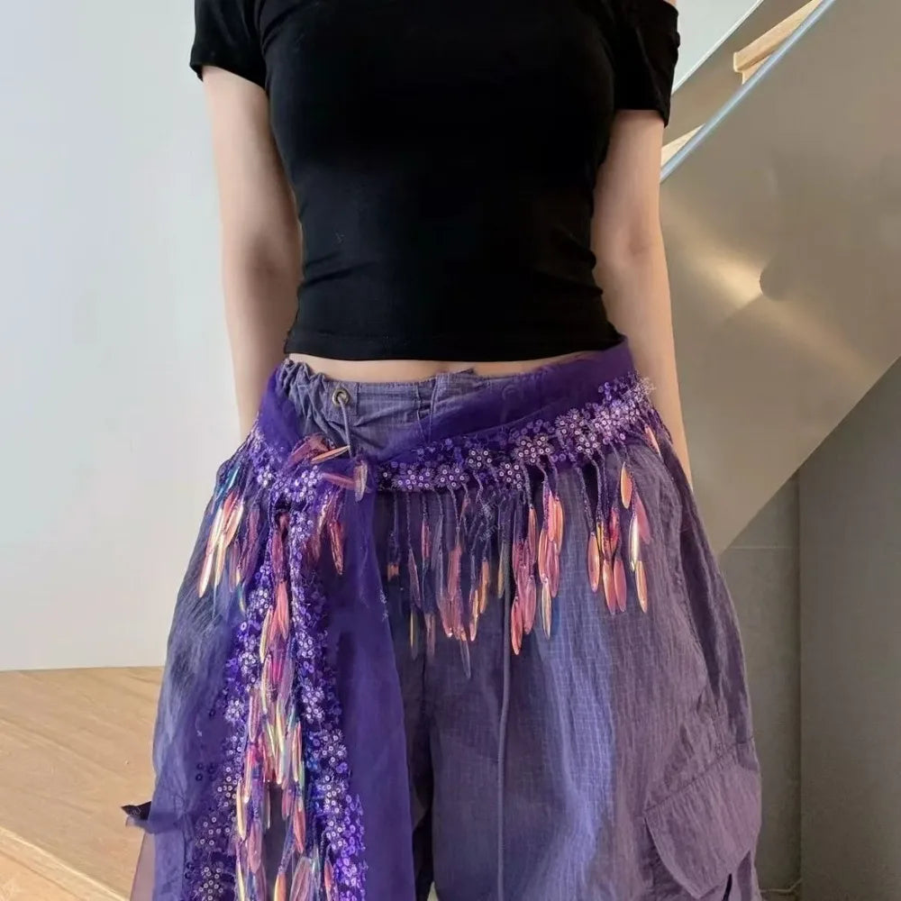 Y2K Sequin Hip Scarf Tassel Belt – Jazz Dance Streetwear Dance Hip Scarf Belt PLUSH Purple