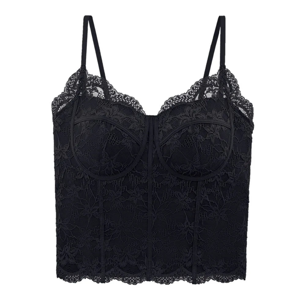 Mesh Flower Lace Crop Camisole Top with Pads | Summer Vest Lace Crop Camisole PLUSH Black M