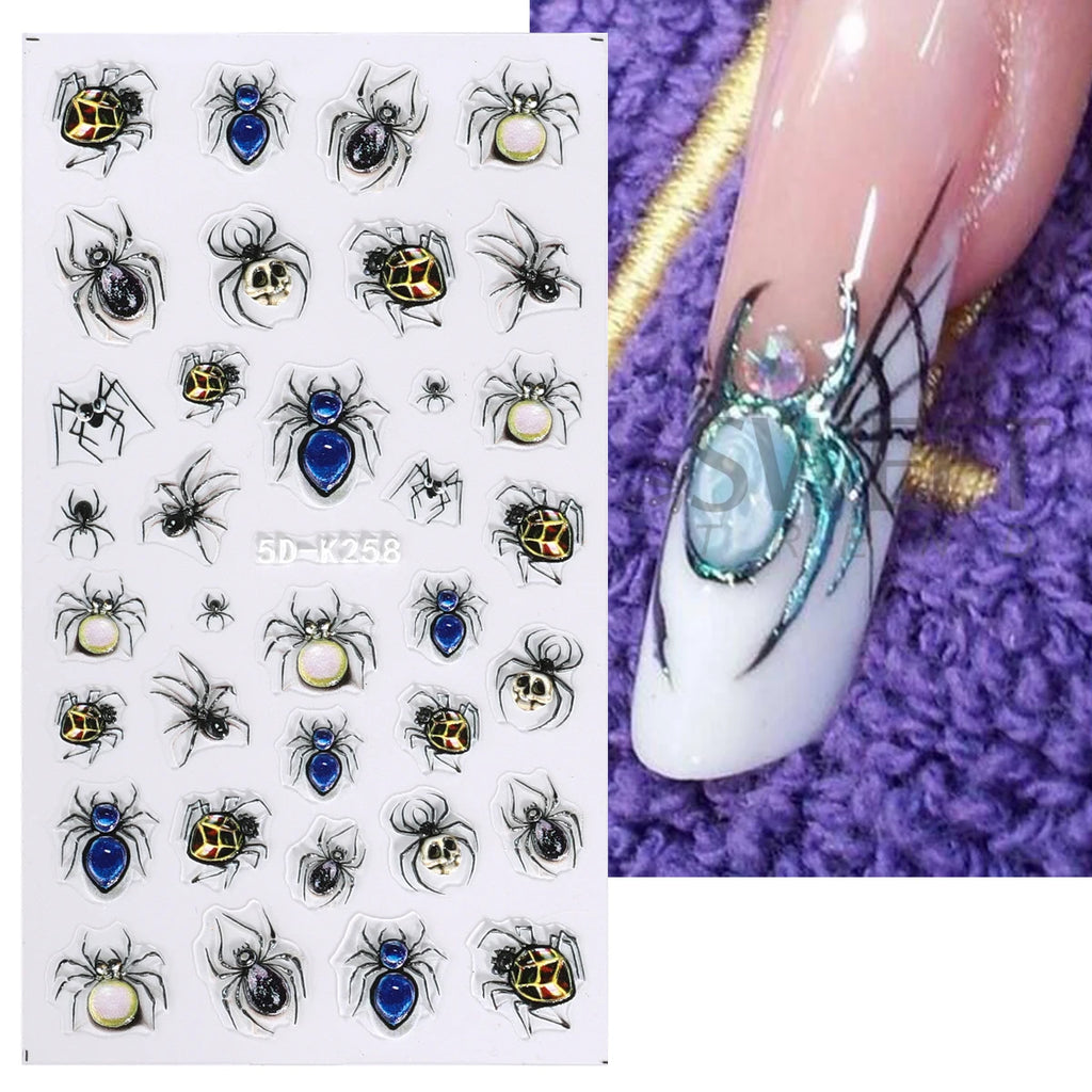 Halloween 5D Embossed Nail Stickers – Spider, Gem & Web Decals Nail Art Stickers PLUSH