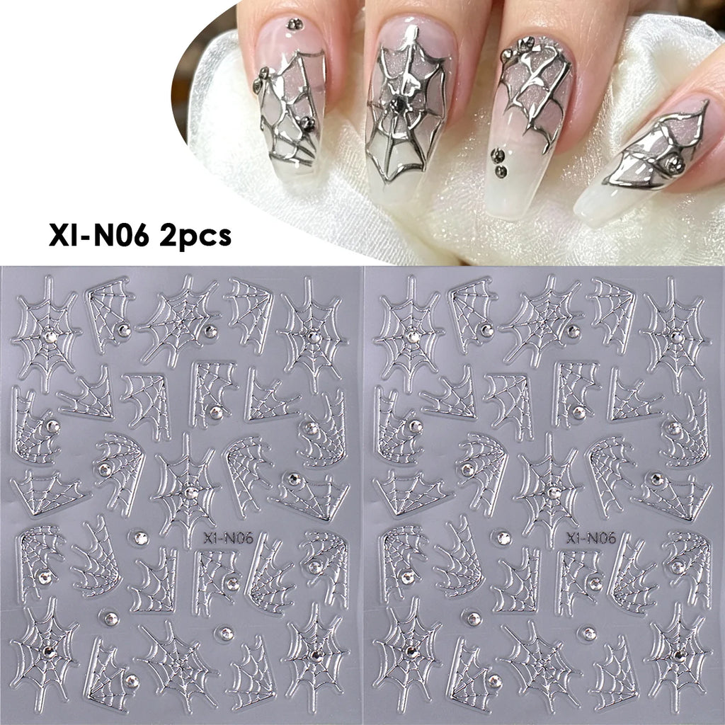 Spider Web Nail Stickers with Rhinestones – Gothic Halloween Decals Nail Art Stickers PLUSH XI-N06 2pcs