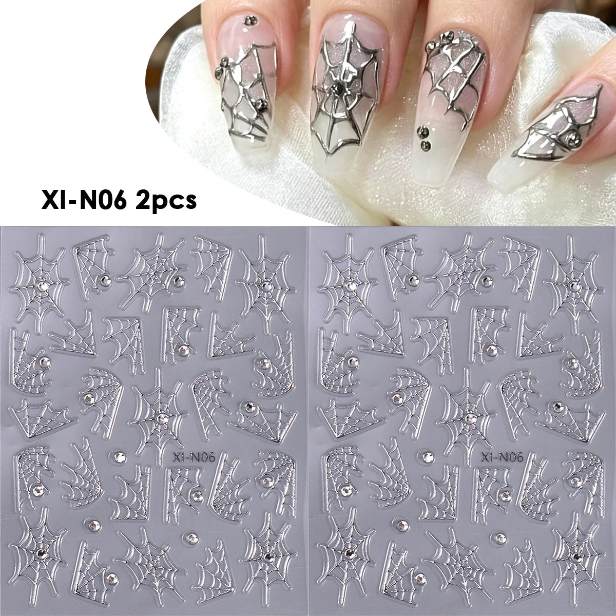 Spider Web Nail Stickers with Rhinestones – Gothic Halloween Decals Nail Art Stickers PLUSH XI-N06 2pcs