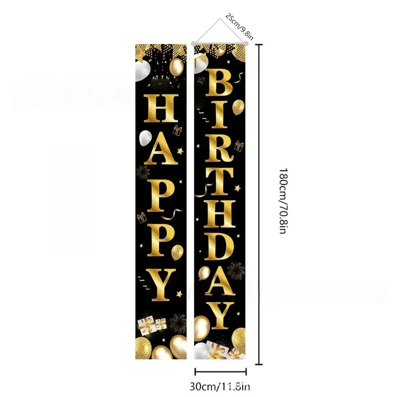 Birthday Door Banner Pair Black Gold – Indoor & Outdoor Decor Party Door Banner PLUSH Polyester Set 2 1