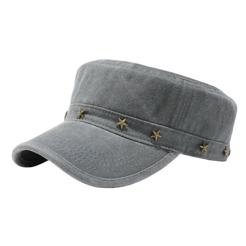 Washed Denim Flat Top Duckbill Cap – Retro Metal Rivet Hat Flat Top Cap PLUSH Grey