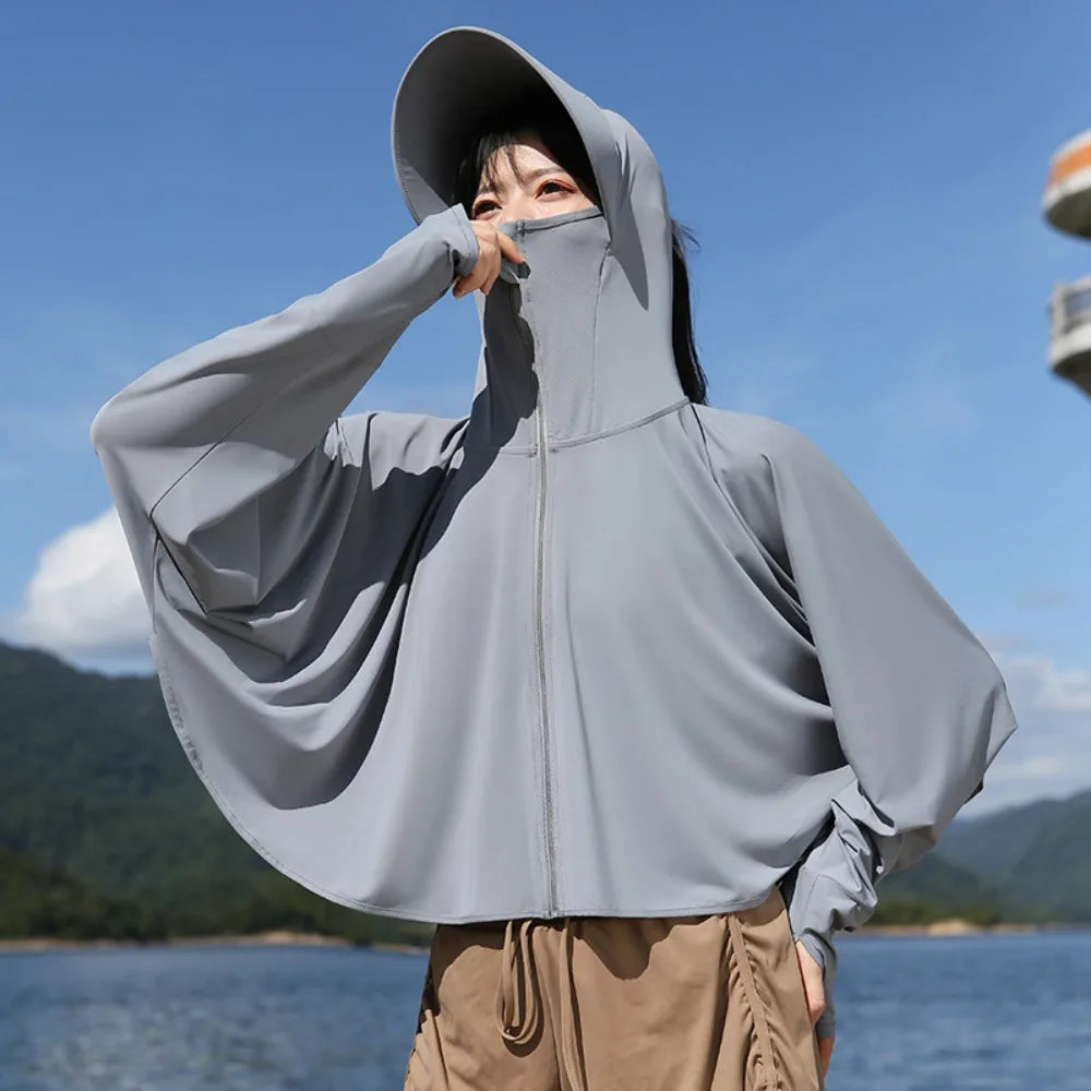 Women's UV Protection Ice Silk Hoodie – Sun Cover Jacket Sun Protection Hoodie PLUSH Grey