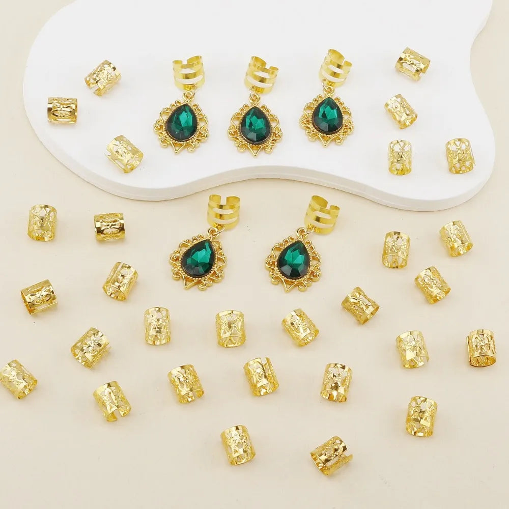 35pcs Emerald Rhinestone Teardrop Dreadlock Beads Filigree Alloy Hair Dreadlock Beads PLUSH 35Pcs