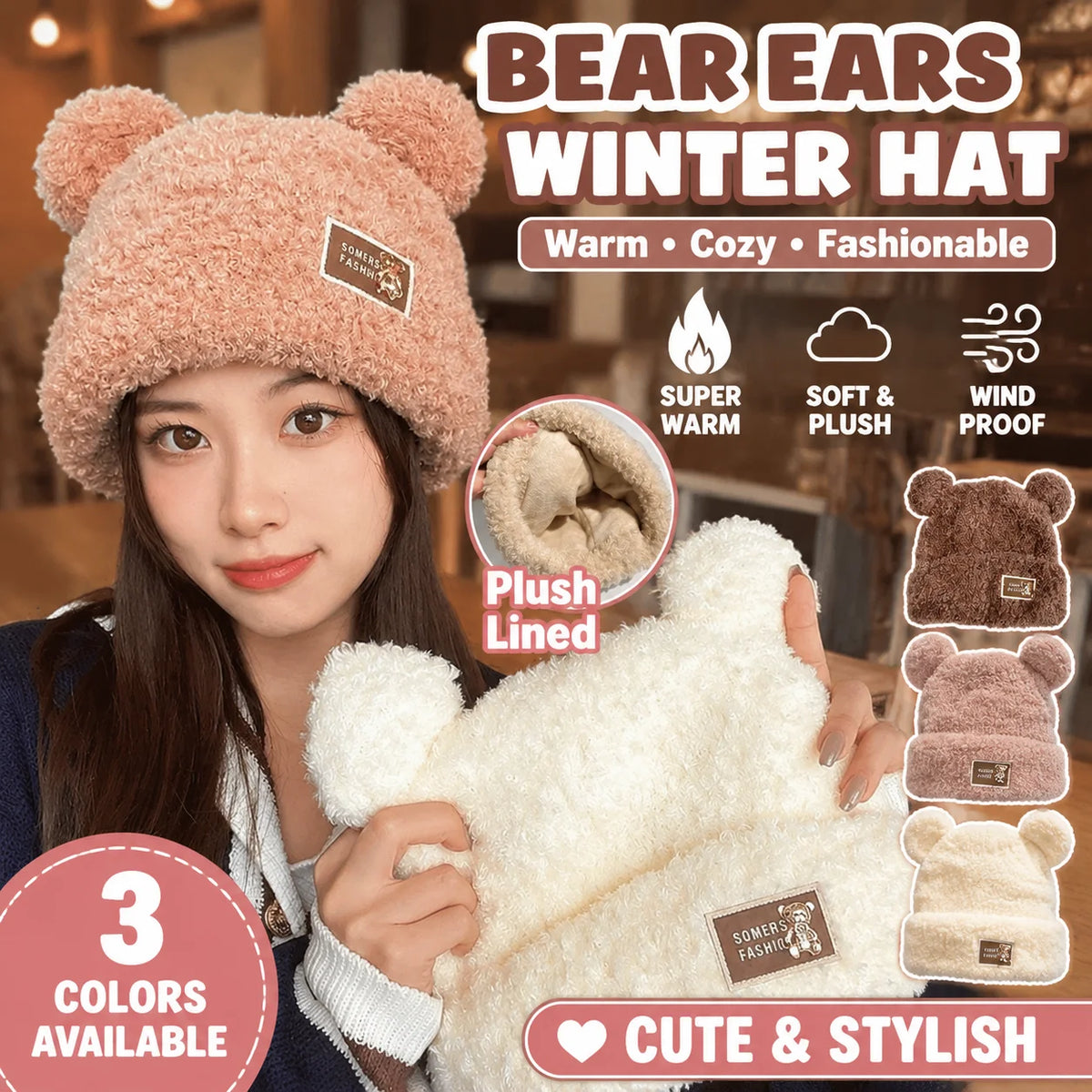 Women's Bear Ear Knitted Beanie – Plush Lined Slouchy Winter Hat Knitted Winter Beanie PLUSH