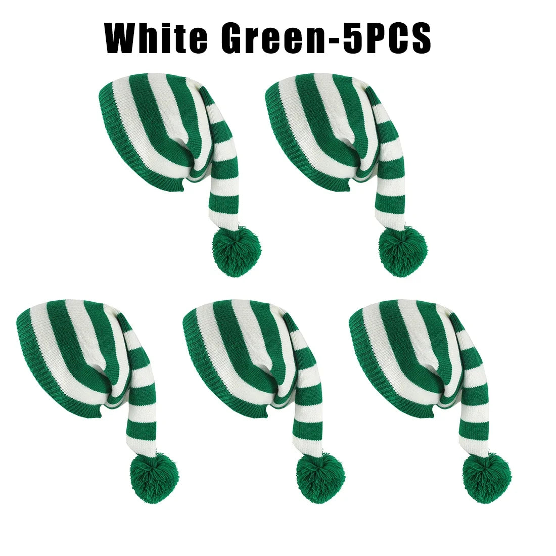 Winter Long Tail Elf Hat Christmas Knit Pom Pom Santa Hat Christmas Elf Hat PLUSH as show White Green 5PC