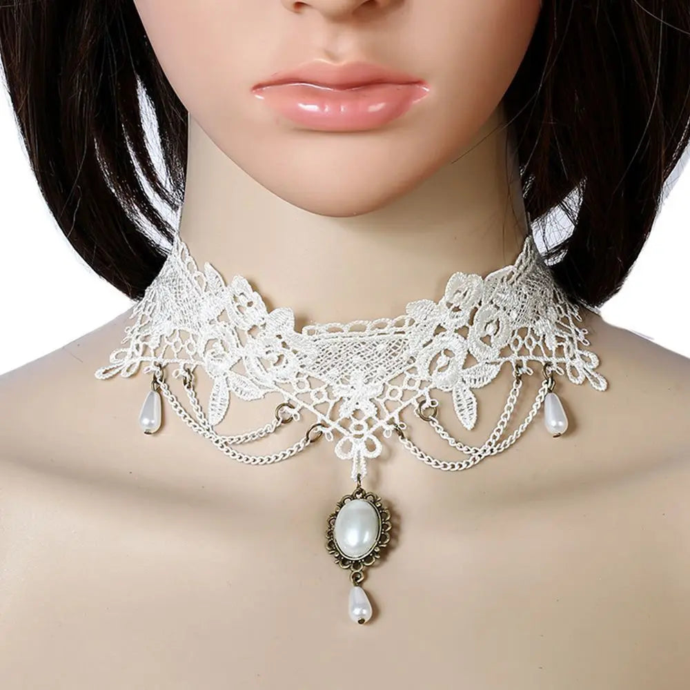 Punk Lace Pearl Choker Necklace – Bridal Wedding Jewelry Choker Necklace PLUSH