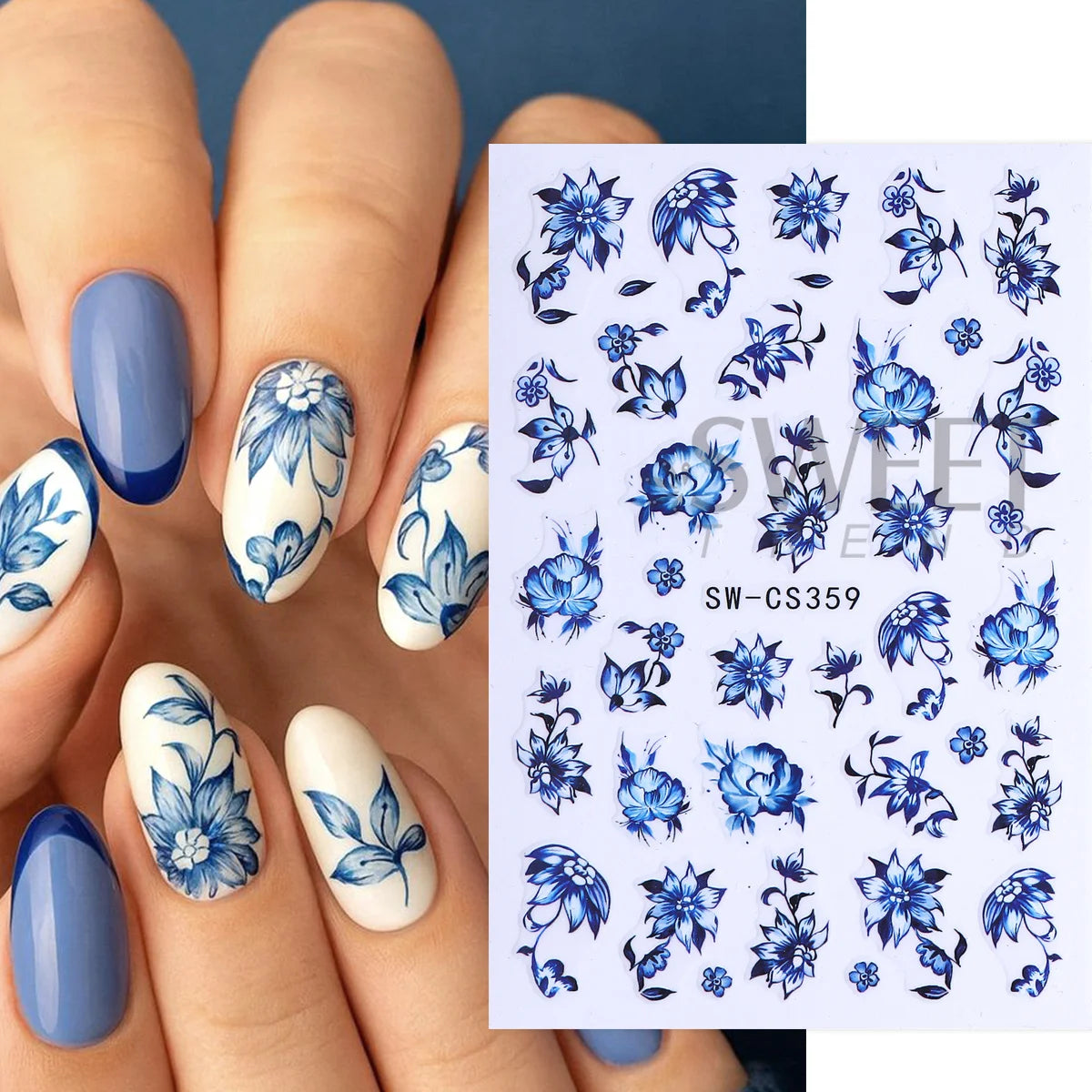3pcs Blue White Porcelain Nail Stickers – Chinese Floral Decals Nail Art Stickers PLUSH