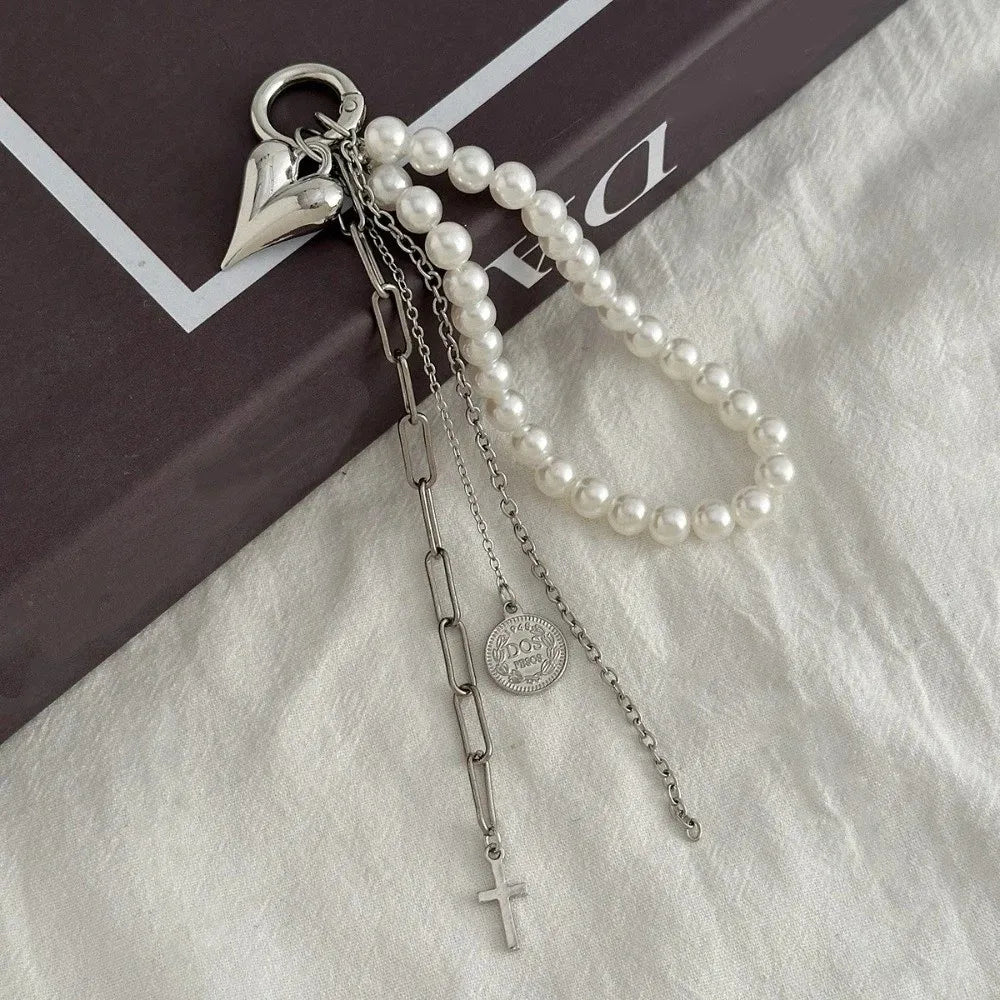 Pearl Beaded Heart Keychain Silver Tassel Star Rivet Bag Charm Fashion Keychain Charm PLUSH