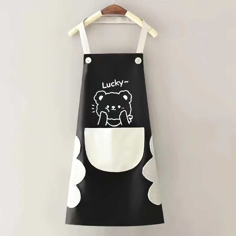Cartoon Bear Couple Kitchen Apron – PVC, Adjustable, Easy Clean Kitchen Apron PLUSH Black