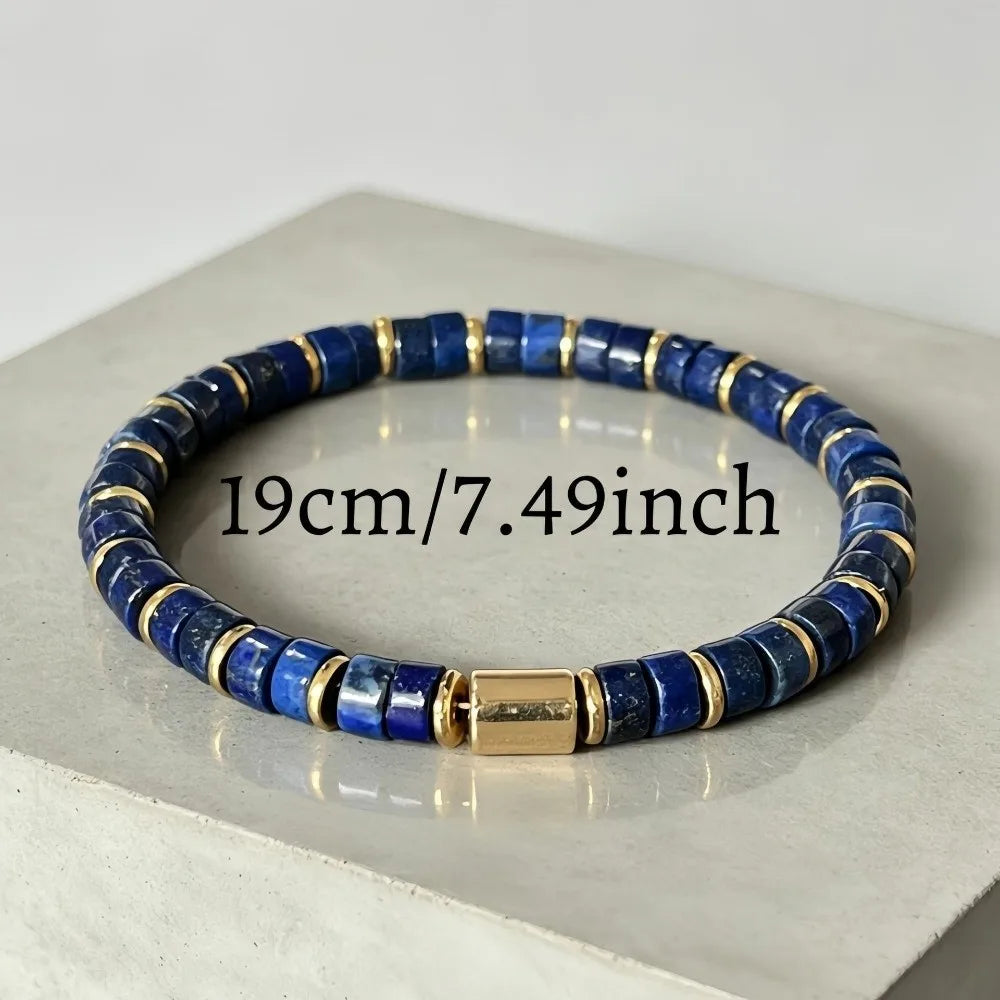 Golden Tube Bead Stone Stretch Bracelet Blue Yellow Unisex Stone Stretch Bracelet PLUSH