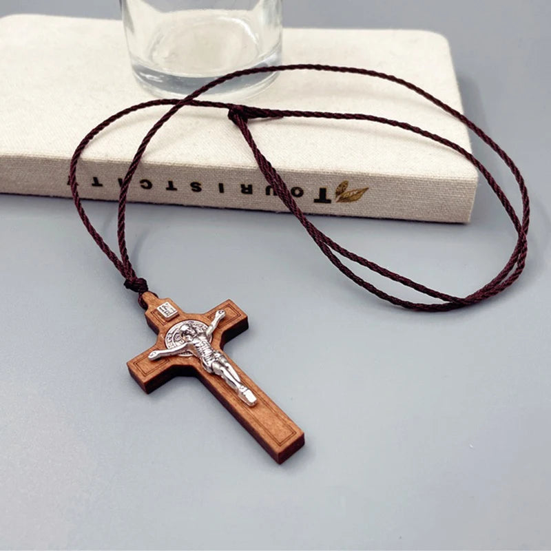 Wood & Metal Cross Necklace – Unisex Christian Faith Gift Cross Pendant Necklace PLUSH