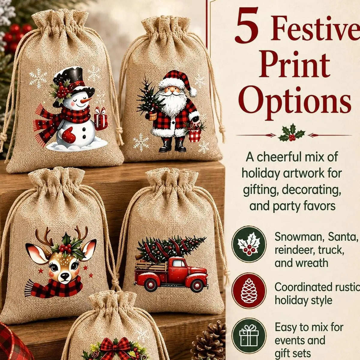 5pcs Christmas Burlap Drawstring Gift Bags | DIY Craft Pouches Drawstring Gift Bags PLUSH