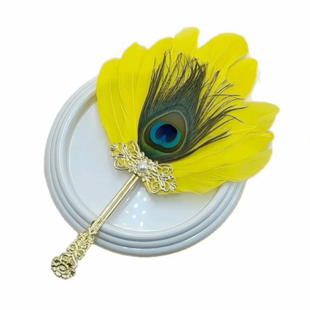 Peacock Feather Hand Fan – Vintage Dance & Photo Prop Decorative Hand Fan PLUSH Yellow