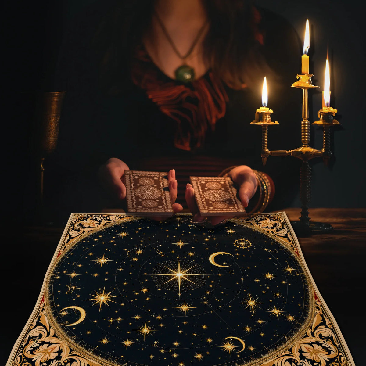 Celestial Tarot Altar Cloth – Moon & Mystical Symbol Design Altar Tablecloth PLUSH