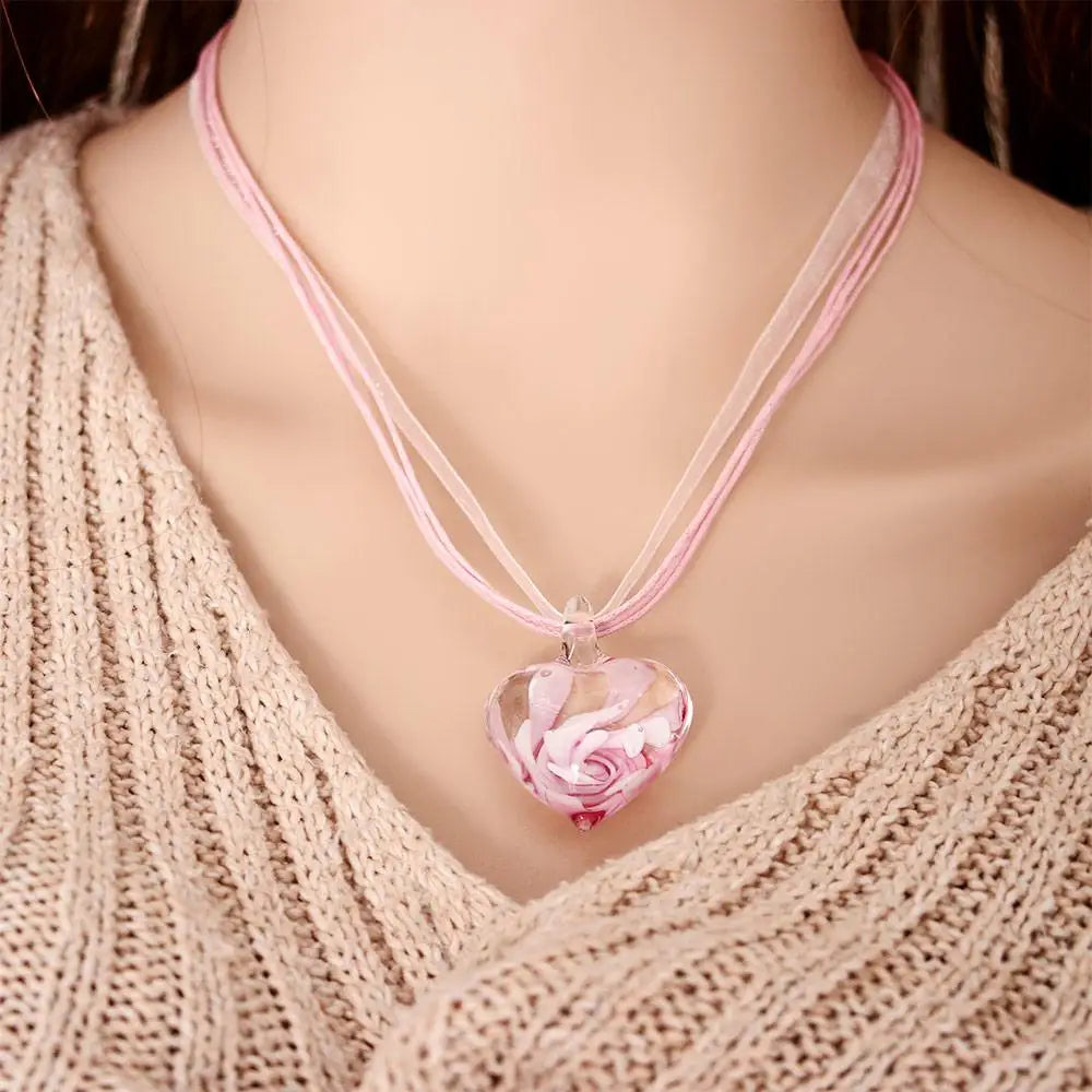 Women's Glass Heart Pendant Necklace – Spiral Flower Crystal Pendant Necklace PLUSH