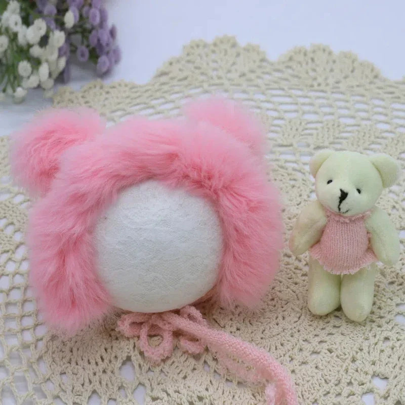 Newborn Photography Props Set – Rabbit Fur Hat & Teddy Bear Newborn Photo Props PLUSH