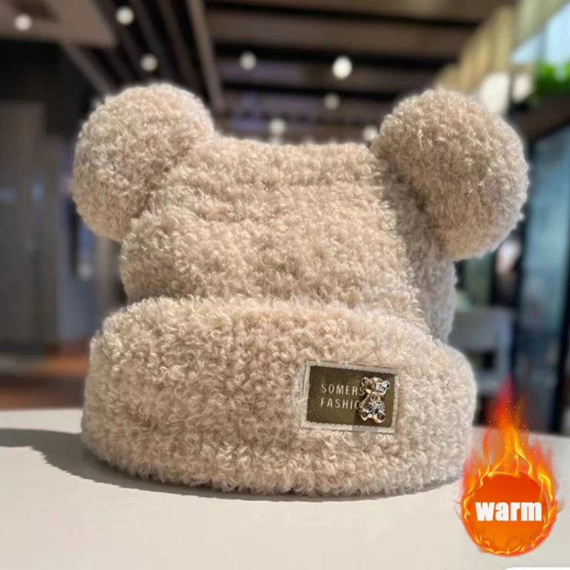 Women's Bear Ear Knitted Beanie – Plush Lined Slouchy Winter Hat Knitted Winter Beanie PLUSH Beige 4PCS