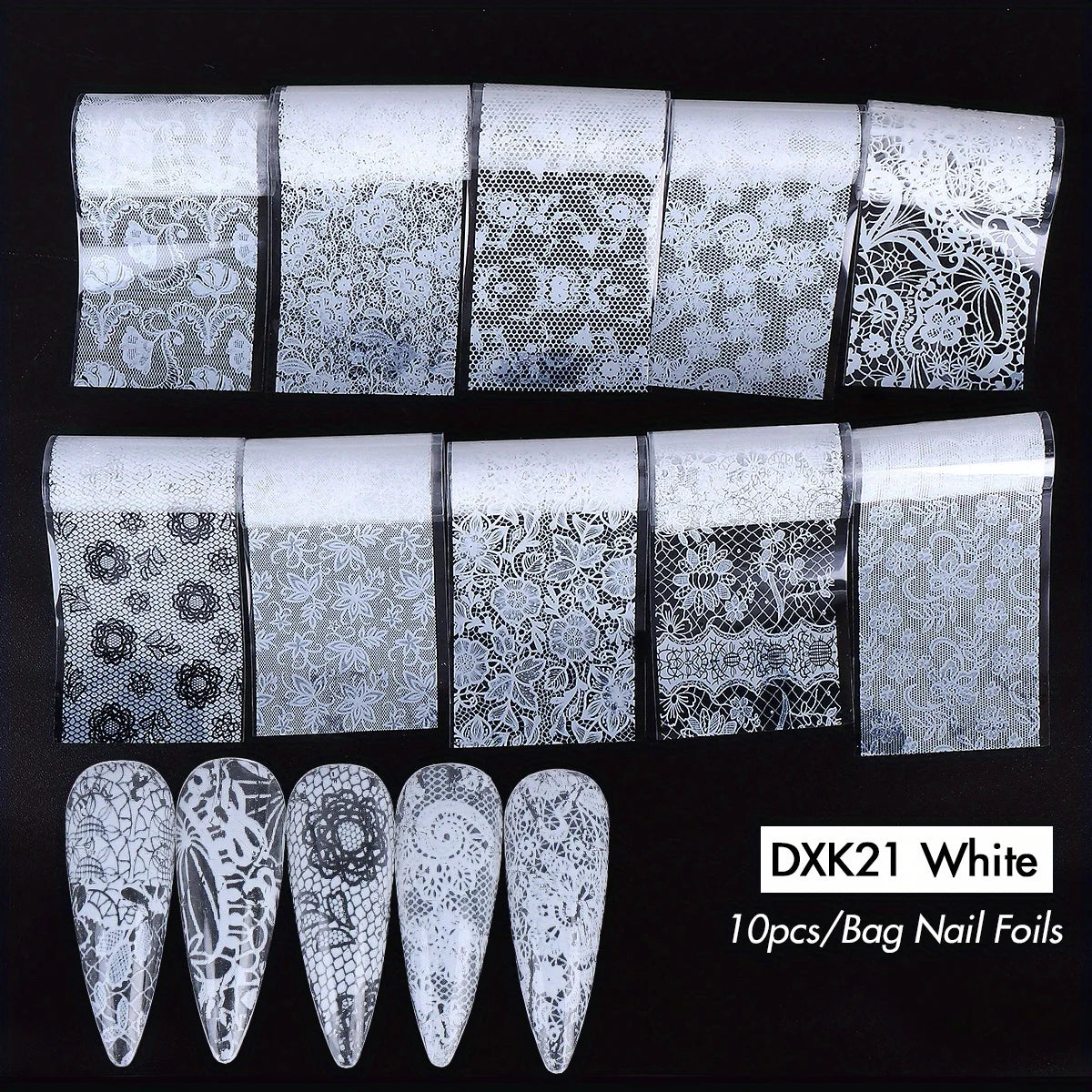 Black White Lace Floral Nail Transfer Foils 10/20pcs Nail Transfer Foils PLUSH DXK21 White