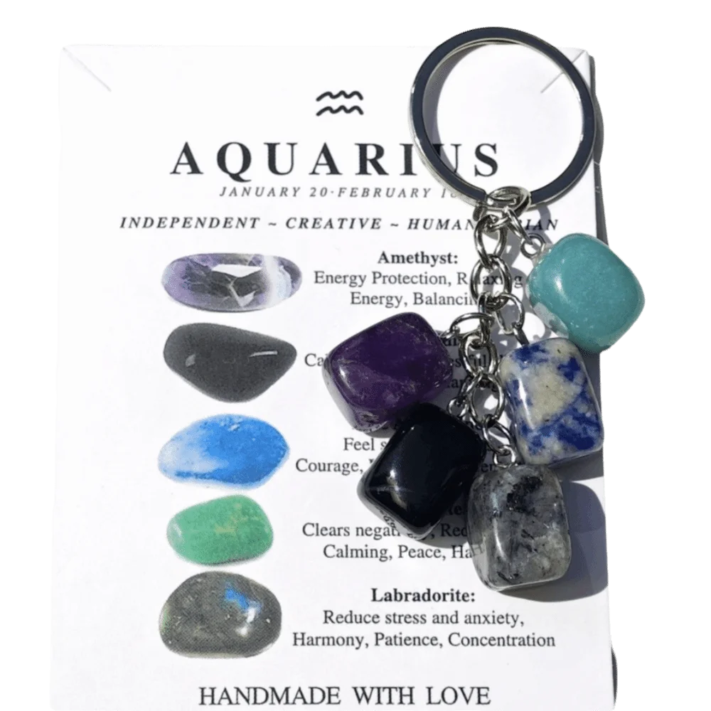 Zodiac Constellation Birthstone Keychain – Stone & Alloy Zodiac Keychain PLUSH Aquarius