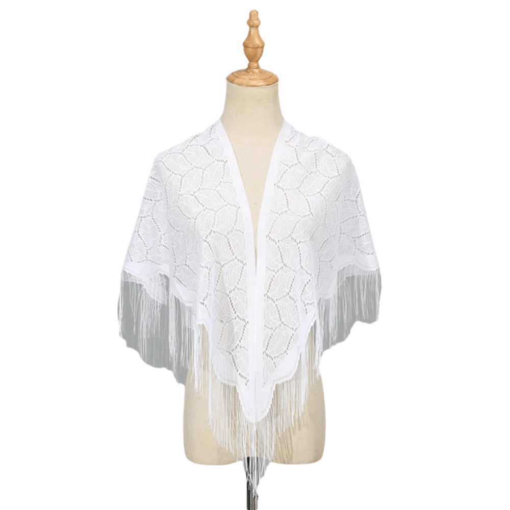 White Lace Mesh Tassel Triangle Shawl | Wedding Scarf Lace Triangle Shawl PLUSH Style E