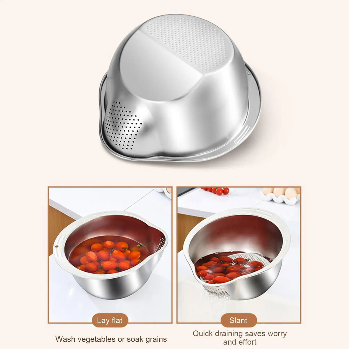 Stainless Steel Rice Washing Basin & Colander Strainer Colander Strainer Bowl PLUSH