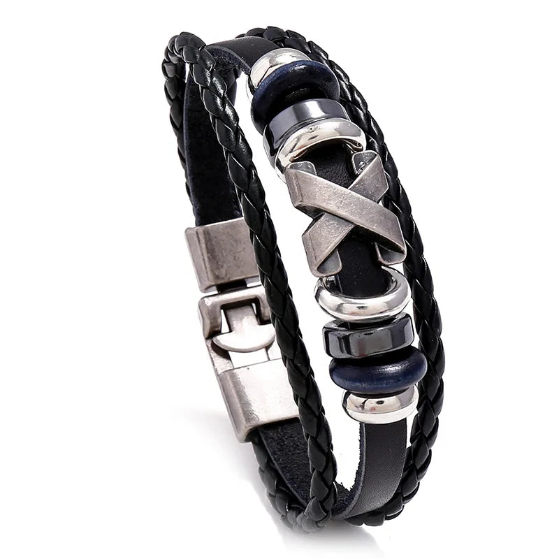 Men's Vintage X Stud Leather Bracelet – Black Brown White Leather Bracelet PLUSH