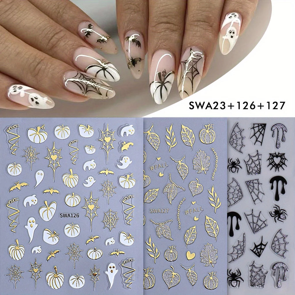 Halloween Nail Art Stickers – Pumpkin Spider Web Foil Decals 3pcs Nail Art Stickers PLUSH SWA23 126 127