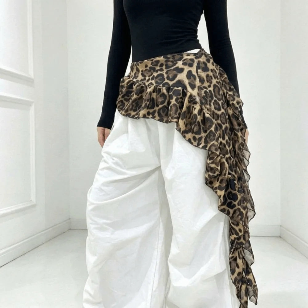 Y2K Ruched Mini Skirt – High Waist Leopard Ruffle Overlay Mini Overlay Skirt PLUSH Leopard Print
