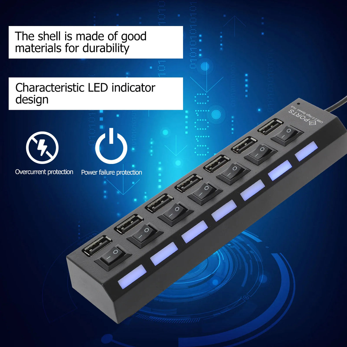 Foxnovo 7-Port USB 2.0 Hub with LED Indicators | Plug & Play USB Hub PLUSH
