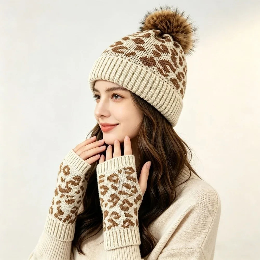 Women's Leopard Print Knit Beanie & Mittens Set – 2 Pcs Beanie & Mittens Set PLUSH