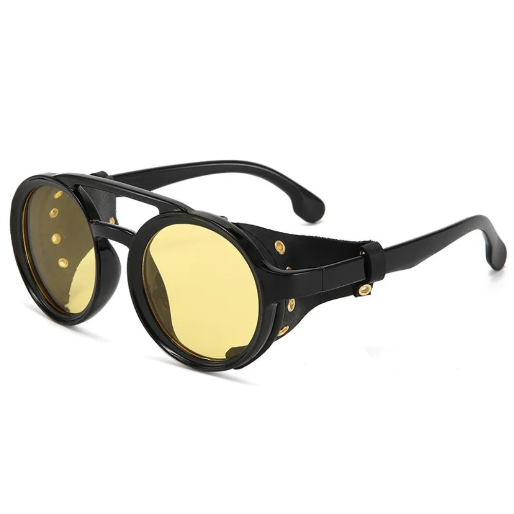 Retro Round Steampunk Sunglasses | Leather Side Shields Steampunk Sunglasses PLUSH Style D