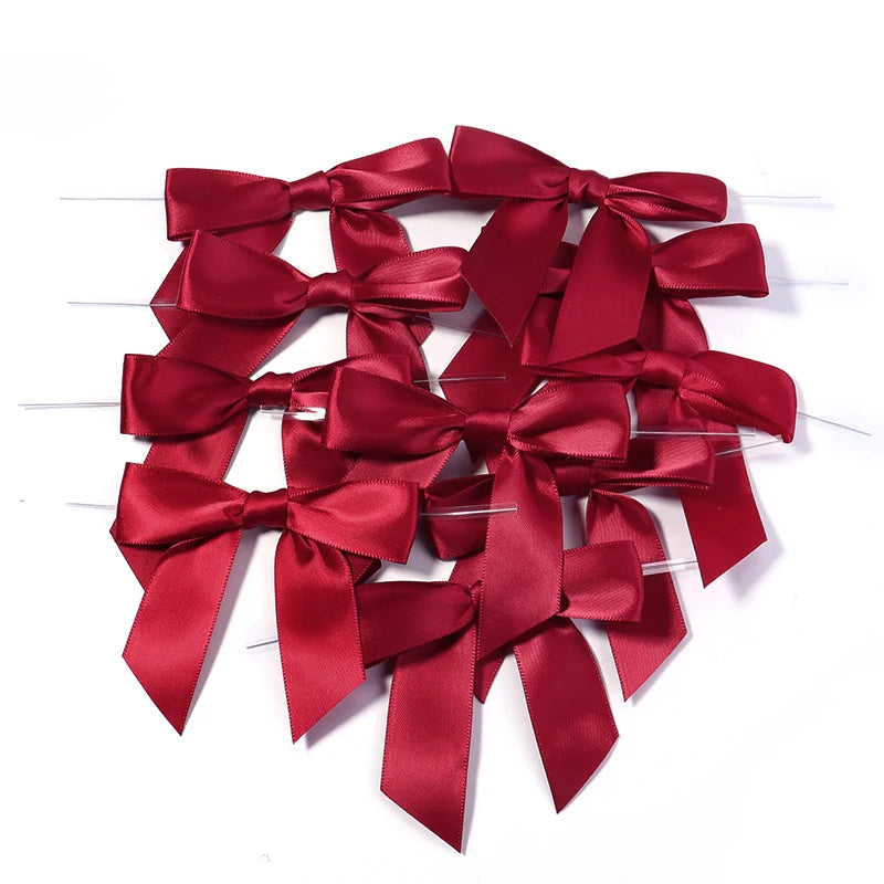 10pcs Satin Twist Tie Bows – Multicolor Gift & Candy Bag Ribbon Satin Ribbon Bows PLUSH wine red 9x9cm