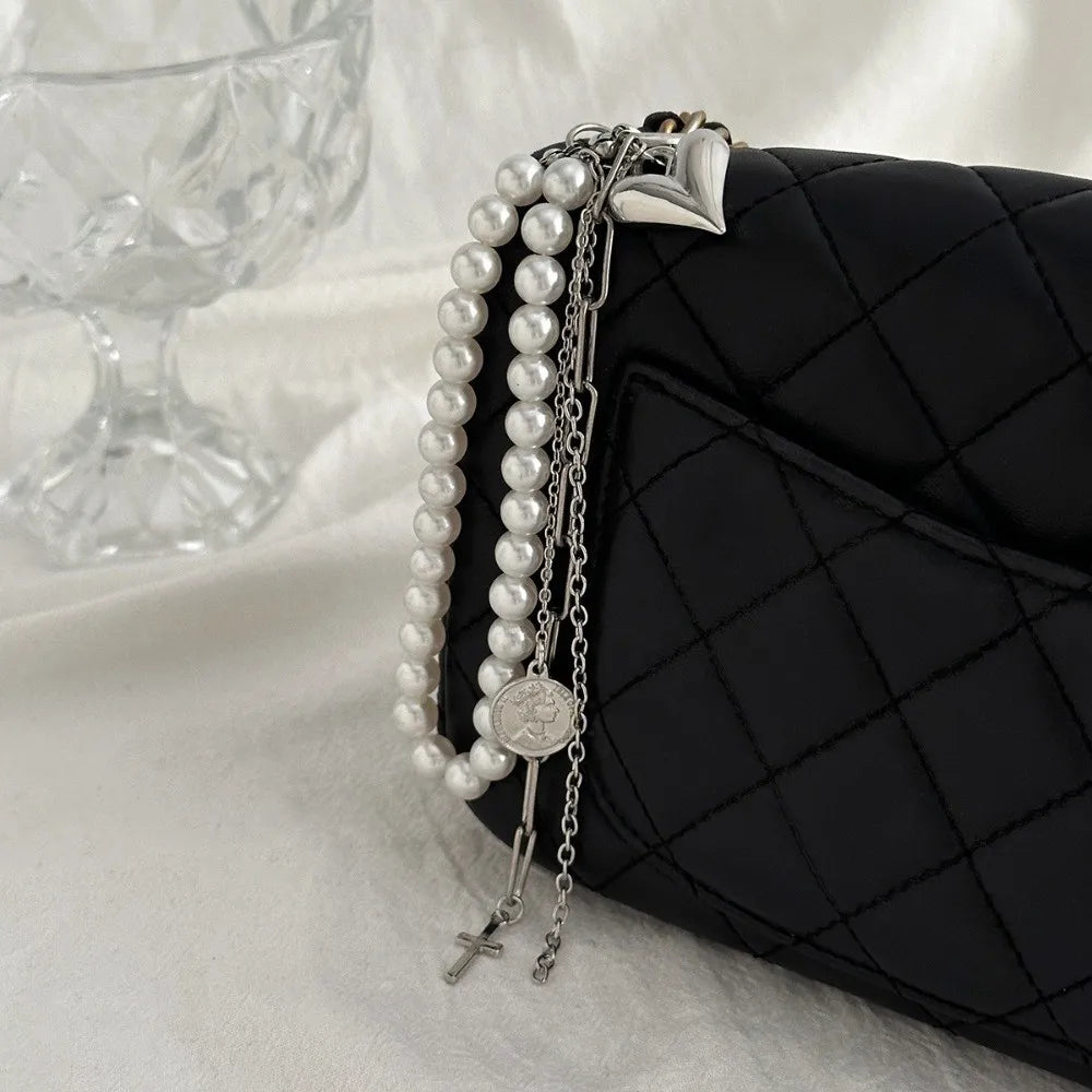 Pearl Beaded Heart Keychain Silver Tassel Star Rivet Bag Charm Fashion Keychain Charm PLUSH