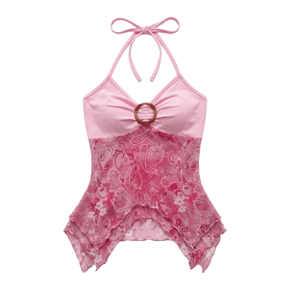 Women's Mesh Halter Crop Top – Slim Fit Lace Patchwork Camisole Halter Crop Top PLUSH Pink XS