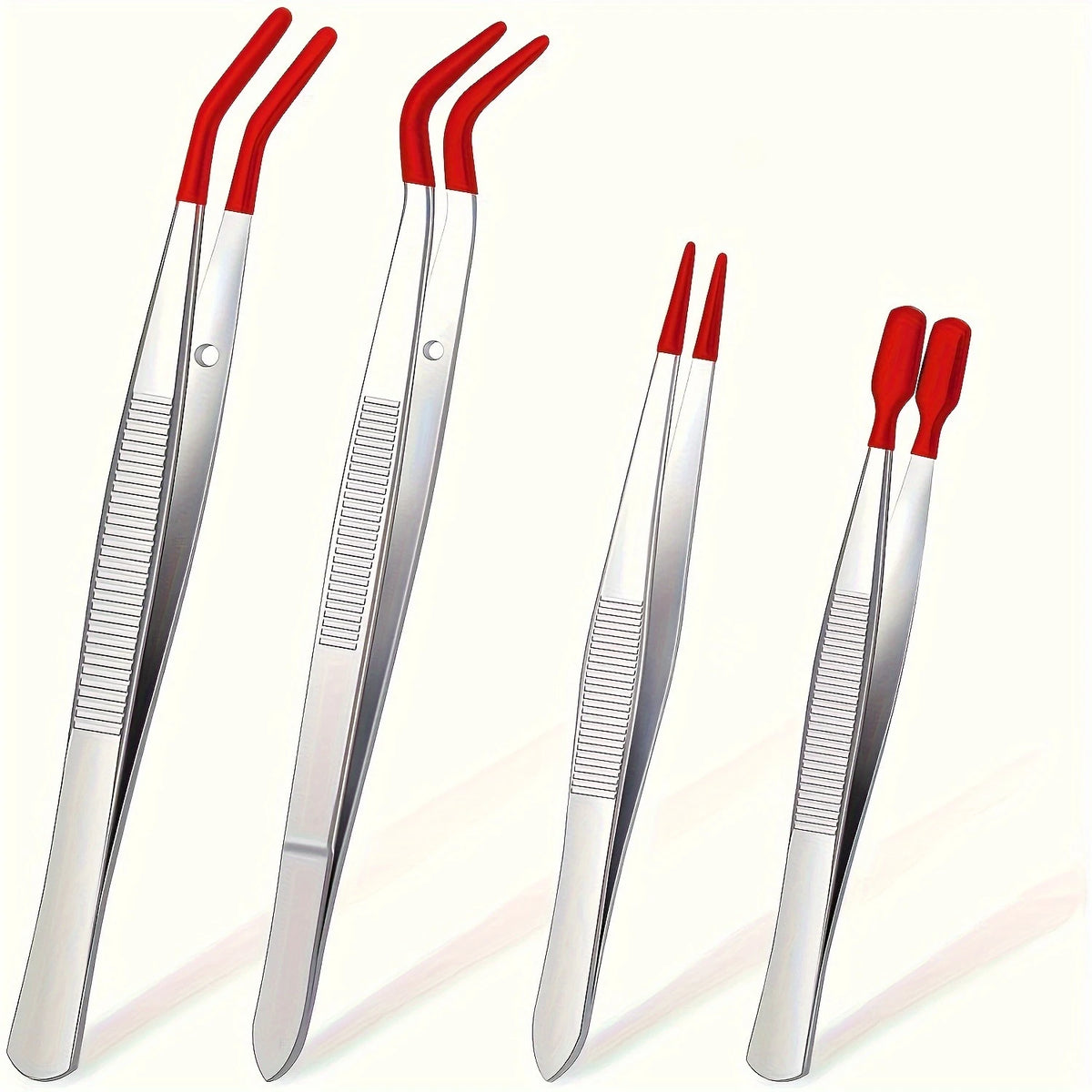 4pcs Stainless Steel Tweezers Set – Rubber Coated Flat & Curved Tips Craft Tweezers Set PLUSH Red 4 pcs set