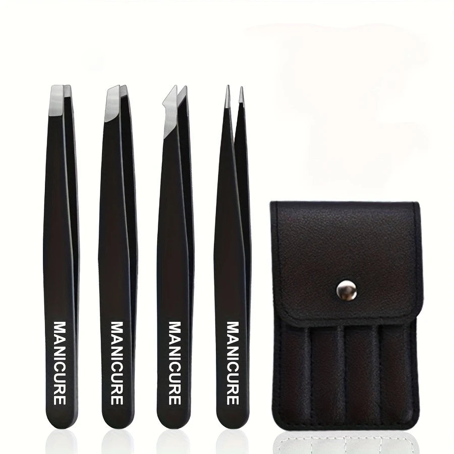 Ouriner 4pc Stainless Steel Tweezers – Eyelash & Brow Kit Beauty Tweezers Kit PLUSH Black 4 Pcs Set