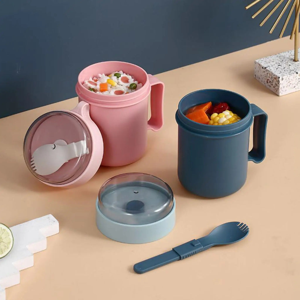 500ml Portable Breakfast Cup with Lid & Foldable Spoon Portable Food Container PLUSH
