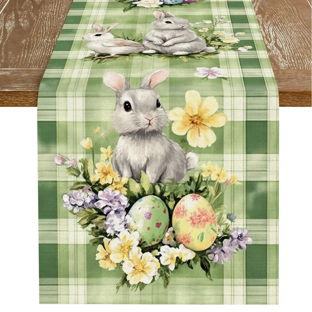 Macaron Green Easter Table Runner – Rabbit & Floral Plaid Easter Table Runner PLUSH A 33X90Cm