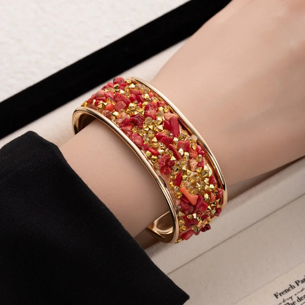 Bohemian Wide Open Cuff Bangle – Rhinestone Stone Bracelet Cuff Bangle Bracelet PLUSH Red