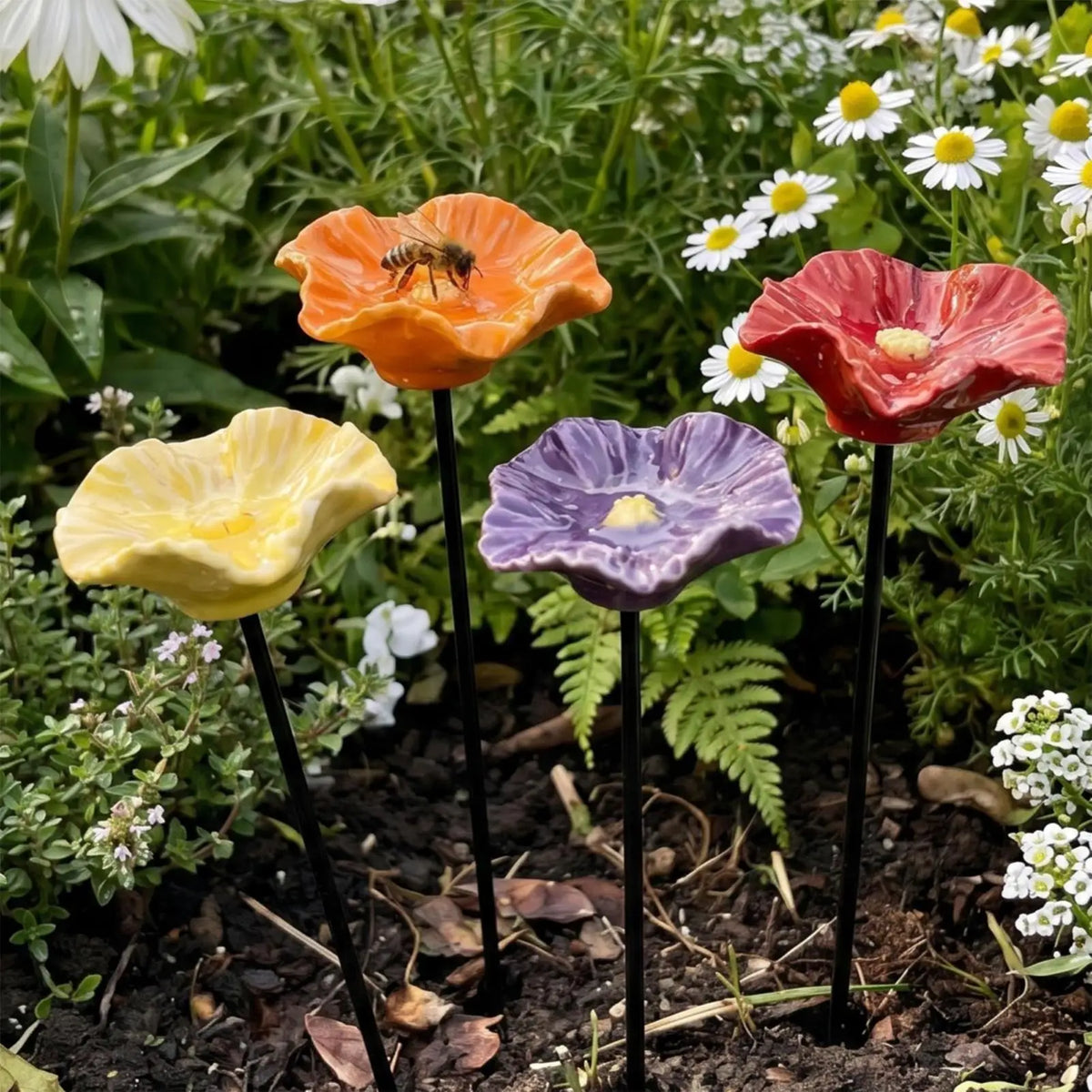 Resin Flower Bee & Butterfly Watering Station with Stake Garden Pollinator Feeder PLUSH