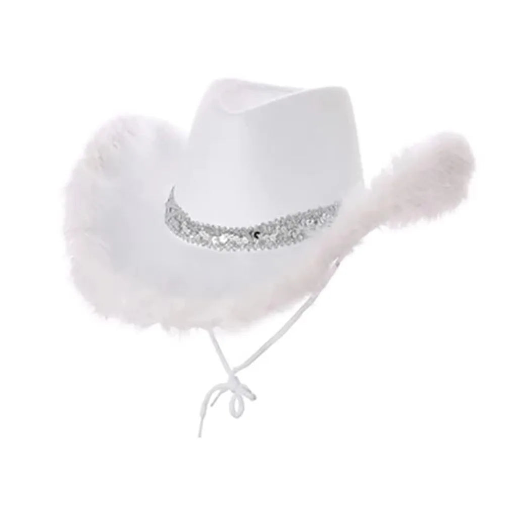 Wide Brim Sequin Cowgirl Hat – Furry Trim Western Style Cowgirl Hat PLUSH Style B White