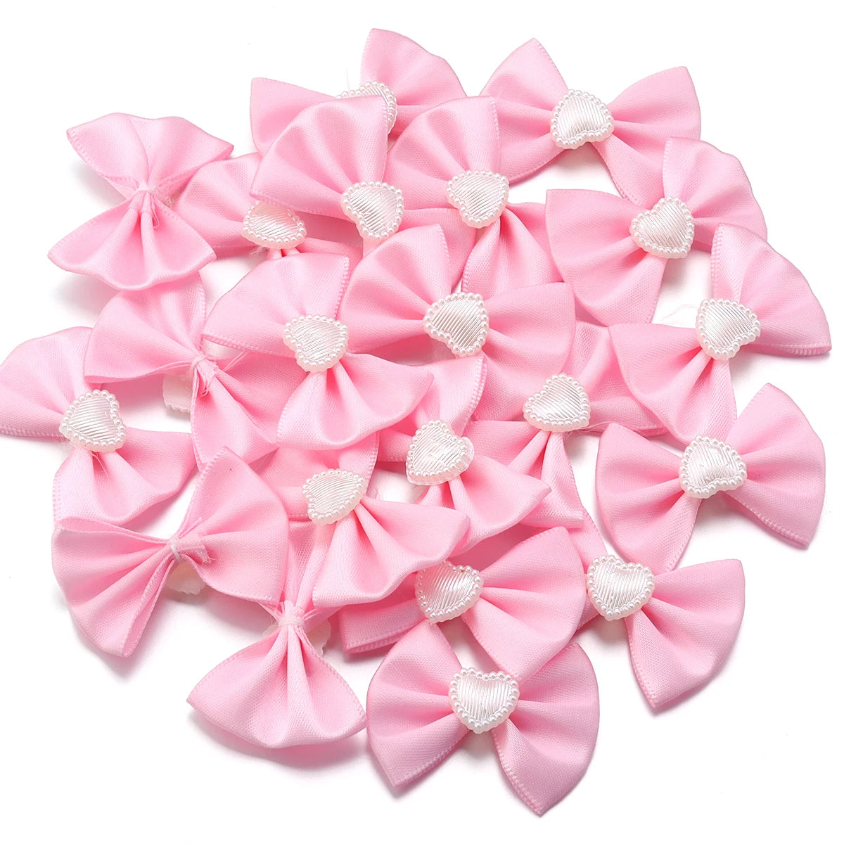 20pcs Satin Ribbon Bows with Pearl Heart – DIY Hair & Gift Decor Bow Appliques PLUSH Pink
