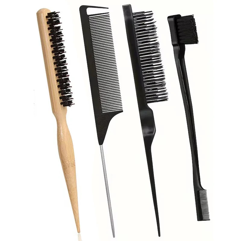 Boar Bristle Brush & Comb Set – Detangle & Smooth Hair Hair Brush Comb Set PLUSH 4pcs-B