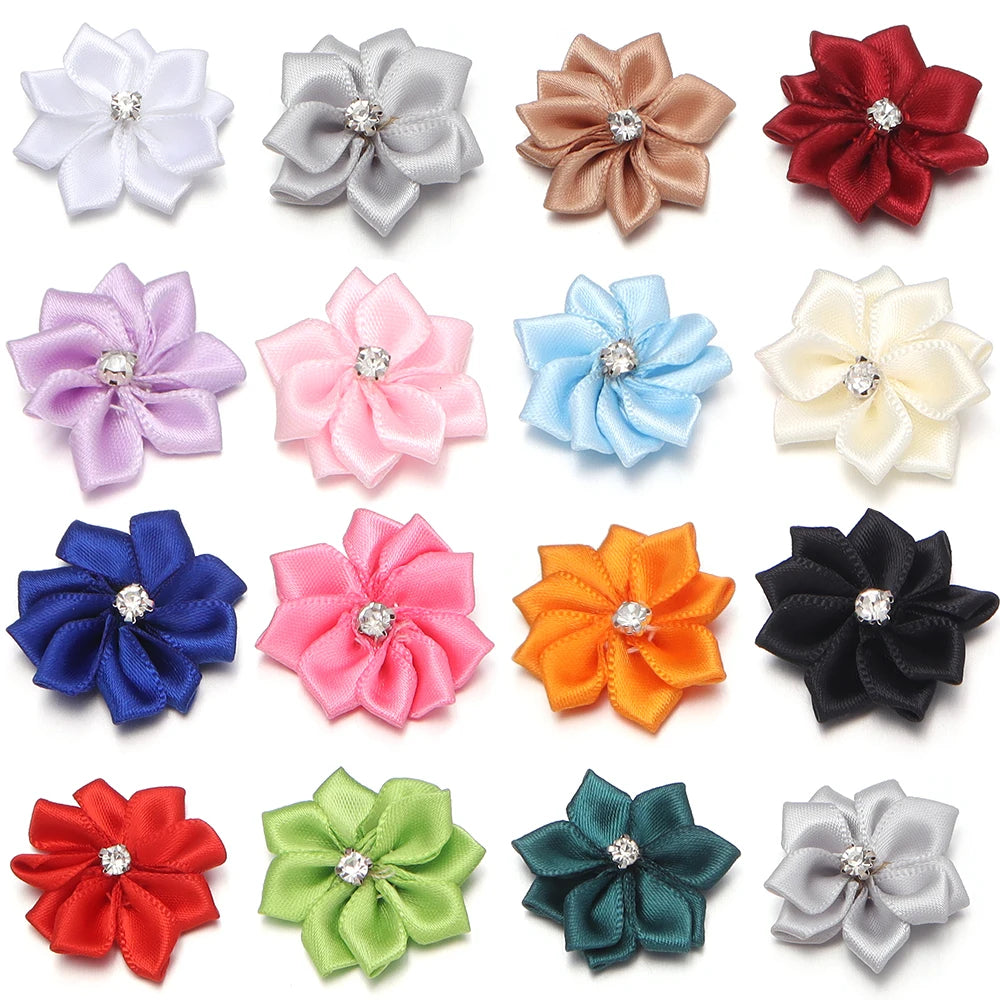 10pcs 3cm Satin Ribbon Flowers Rhinestone 9-Petal DIY Craft Fabric Flower Appliqué PLUSH