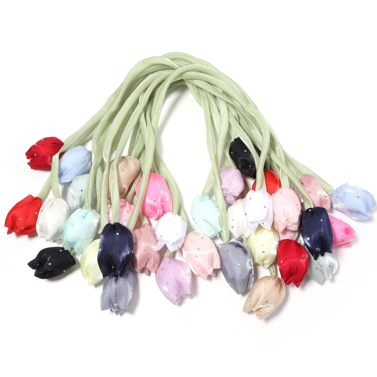 5pcs Satin Tulip Flower Strings Rhinestone DIY Hair & Garment Fabric Flower Trim PLUSH mixed