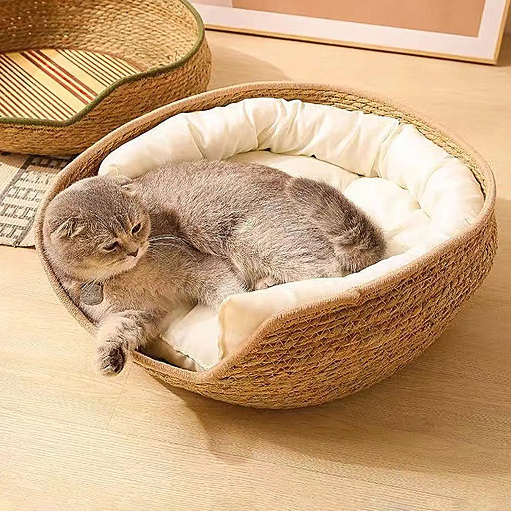 Woven Cat Basket Bed with Cushion & Pillow – Washable Cat Basket Bed PLUSH