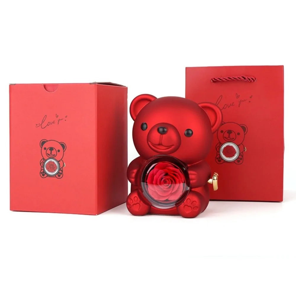 Rotating Hugging Bear Jewelry Box with Soap Rose Gift Set Jewelry Gift Box PLUSH Red